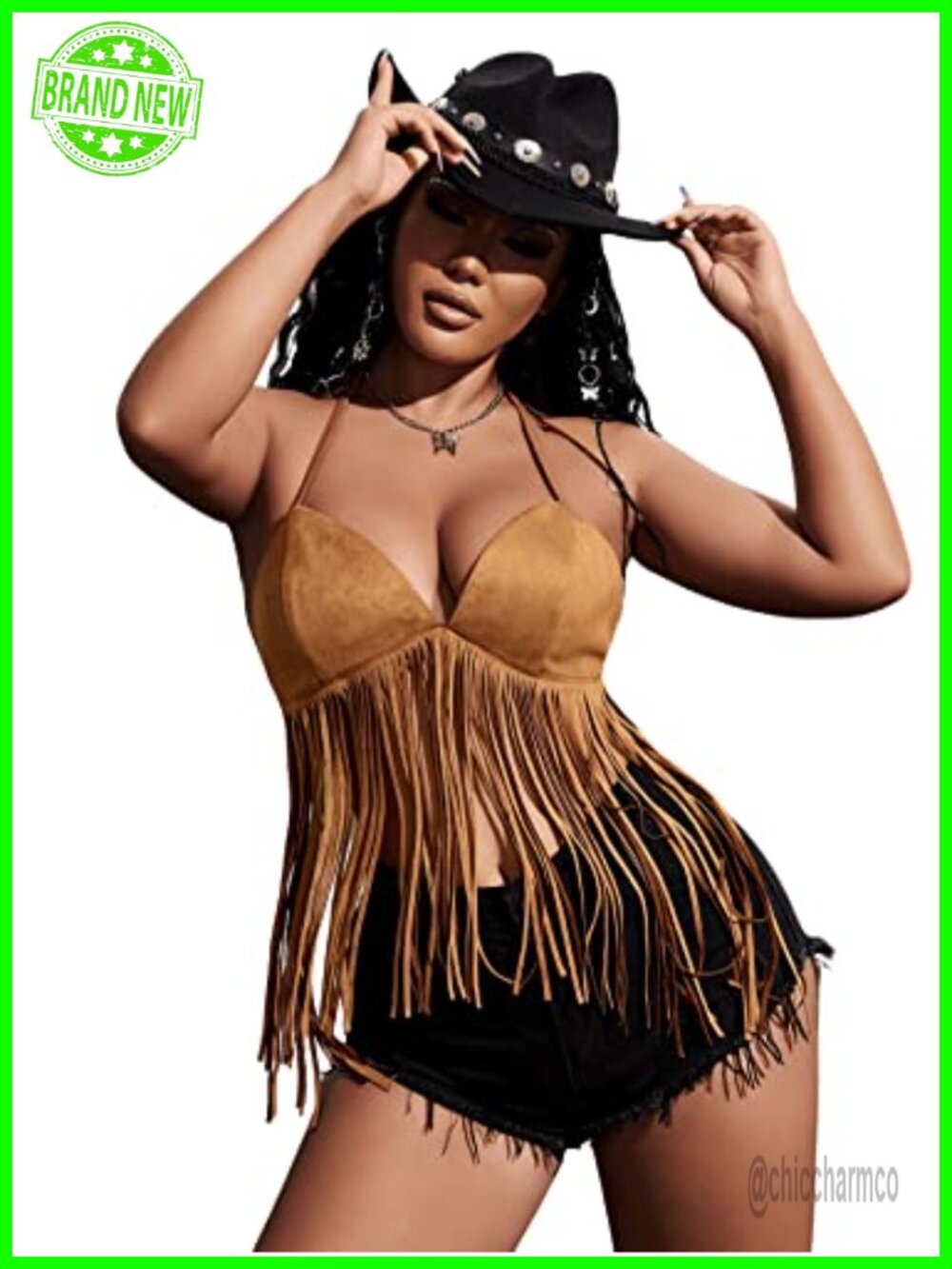 Fringe Halter Top Sleeveless Open Back Tassel Trim Going Out Party - Picture 2 of 5